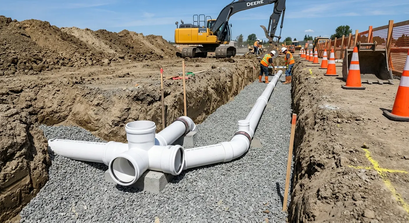 New PVC sewer pipe installation in open trench for Commercial Drain Cleaning in Valinda