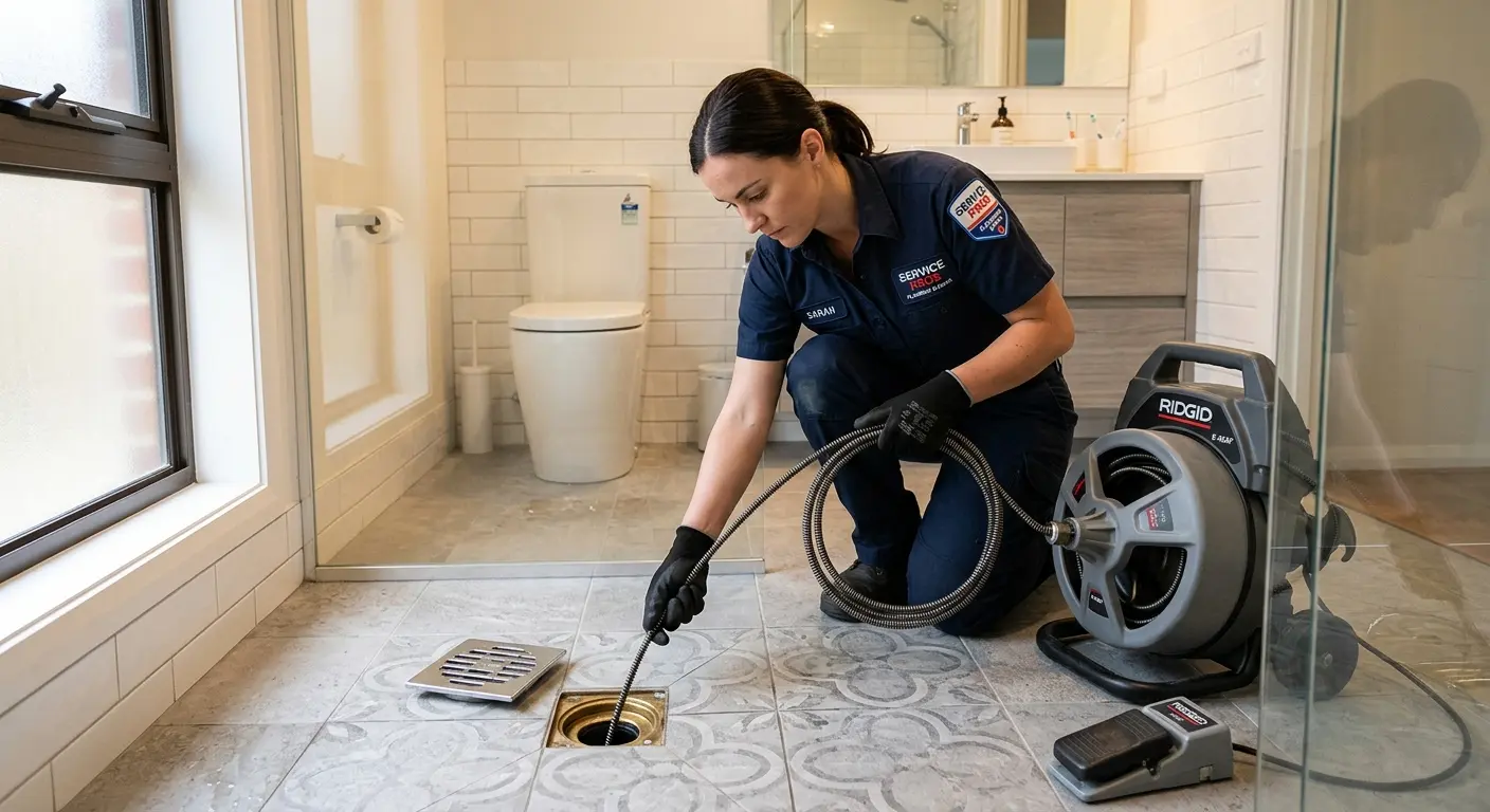 Technician clearing a bathroom floor drain for Hydro Jetting in Valinda